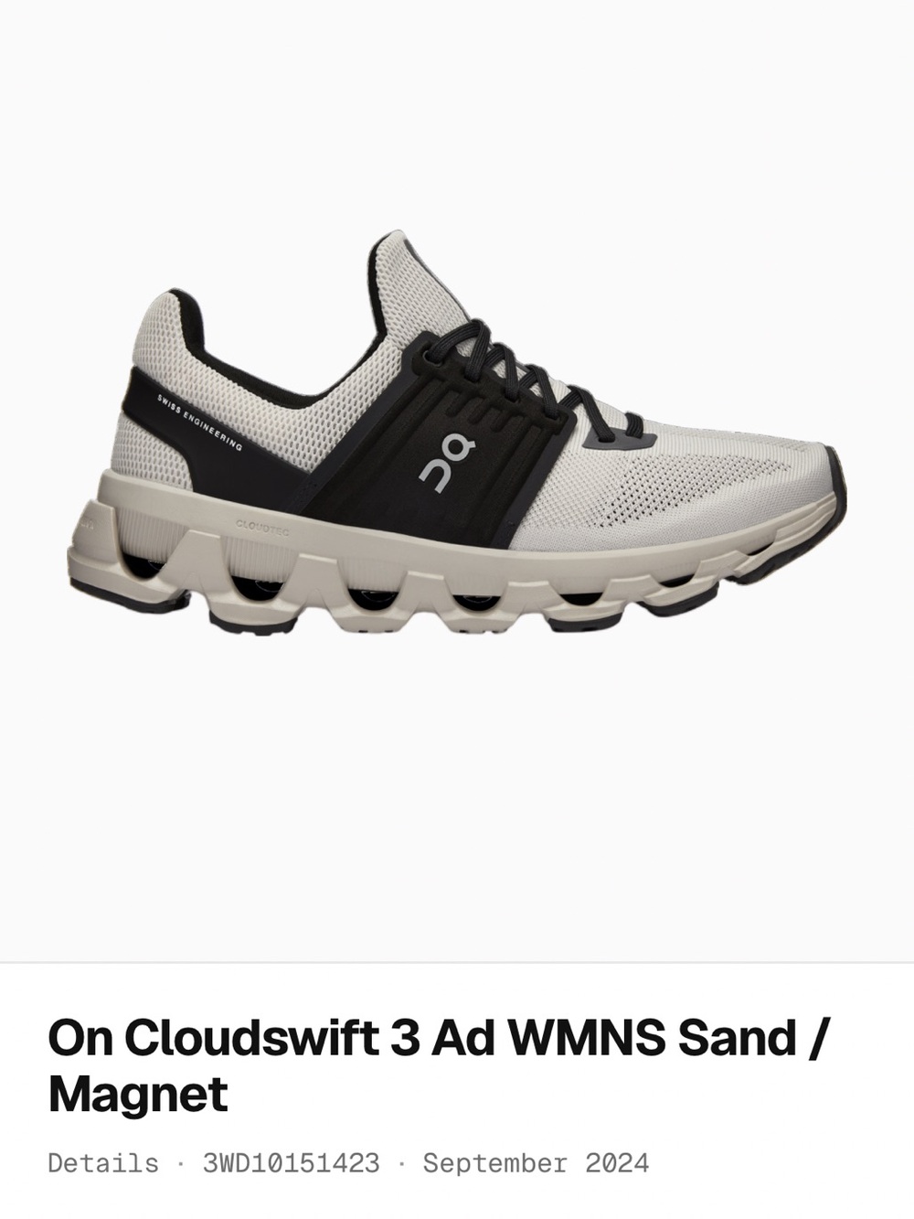 On Cloudswift 3 AD Running Shoes, Sand/Magnet Womens Sz 8.5 3WD10151423 Like New
